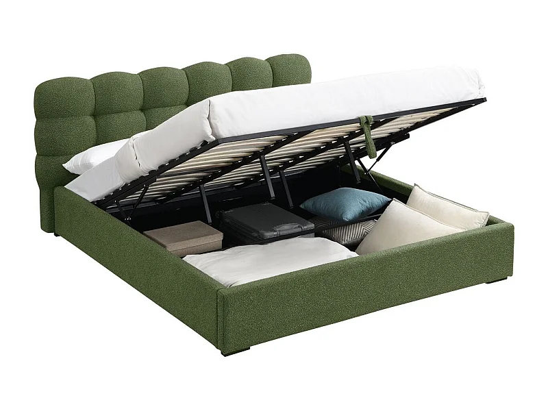 Lit coffre adulte 180x200 cm avec sommier et tête de lit capitonnée en tissu bouclé vert - Lola