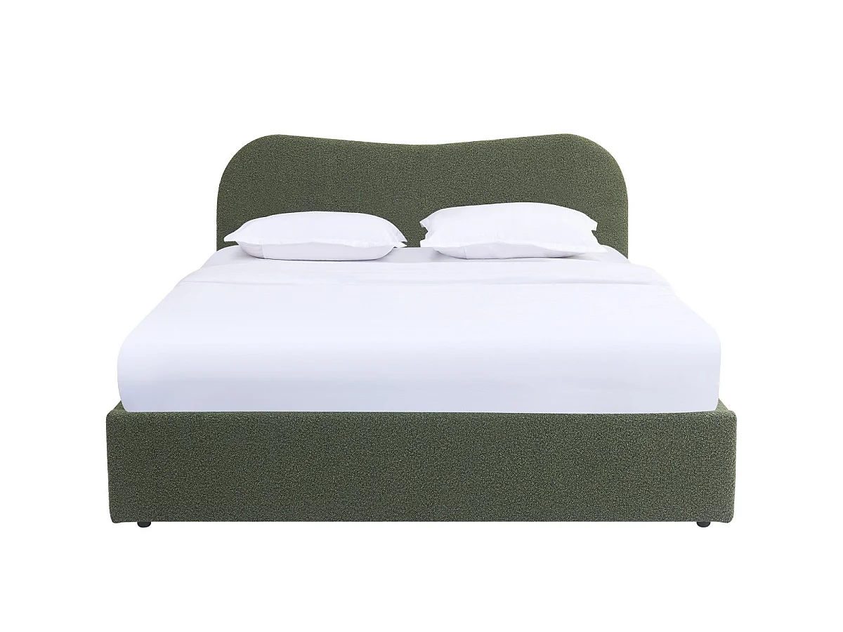 Lit coffre adulte 160x200 cm avec tête de lit matelassée en tissu bouclé vert - Suzon