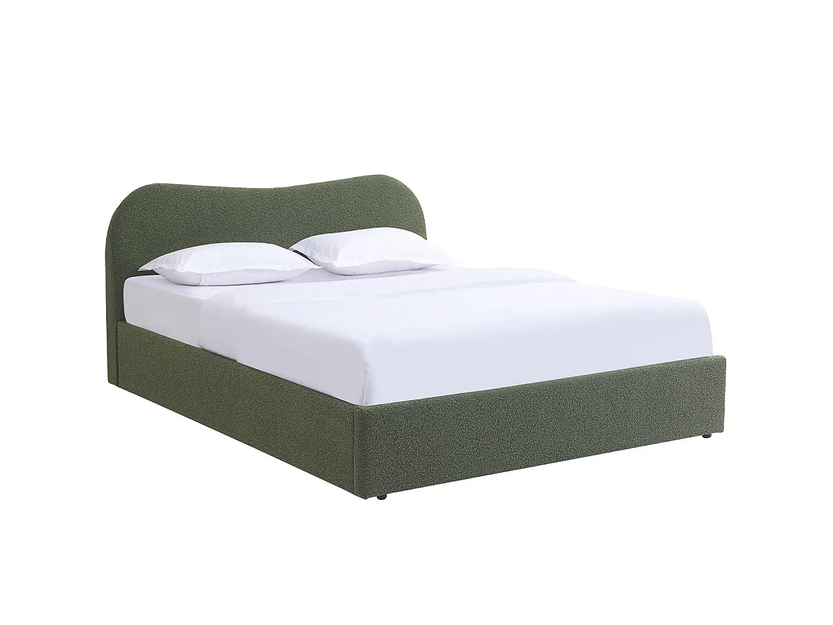 Lit coffre adulte 160x200 cm avec tête de lit matelassée en tissu bouclé vert - Suzon