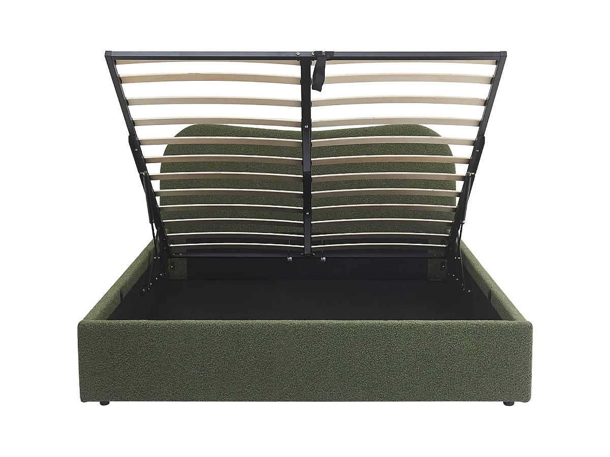 Lit coffre adulte 160x200 cm avec tête de lit matelassée en tissu bouclé vert - Suzon