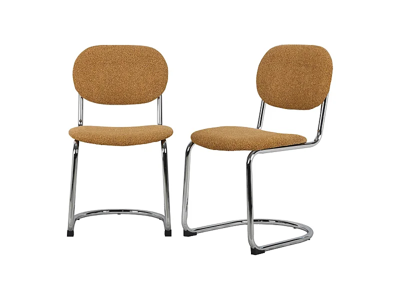 Lot de 2 chaises cantilever arrondie métal. bouclette texturée moutarde et pieds chromés - L 47 x P 54.5 x H 81cm - Maloa