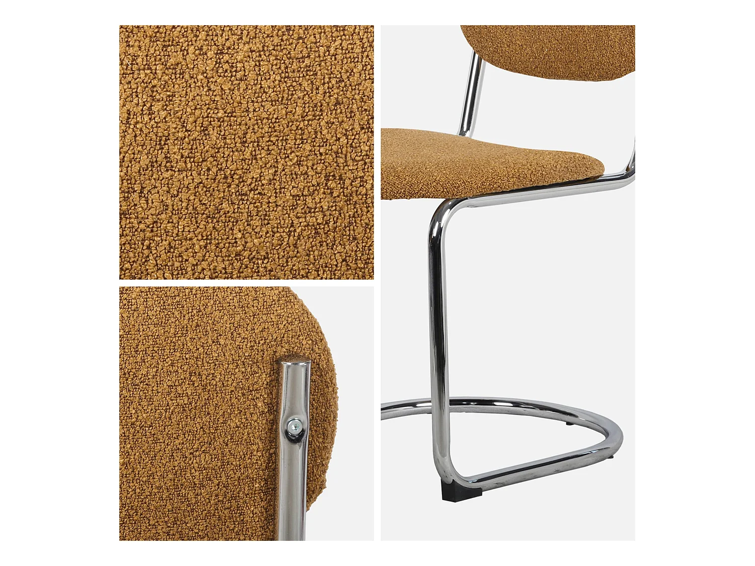 Lot de 2 chaises cantilever arrondie métal. bouclette texturée moutarde et pieds chromés - L 47 x P 54.5 x H 81cm - Maloa