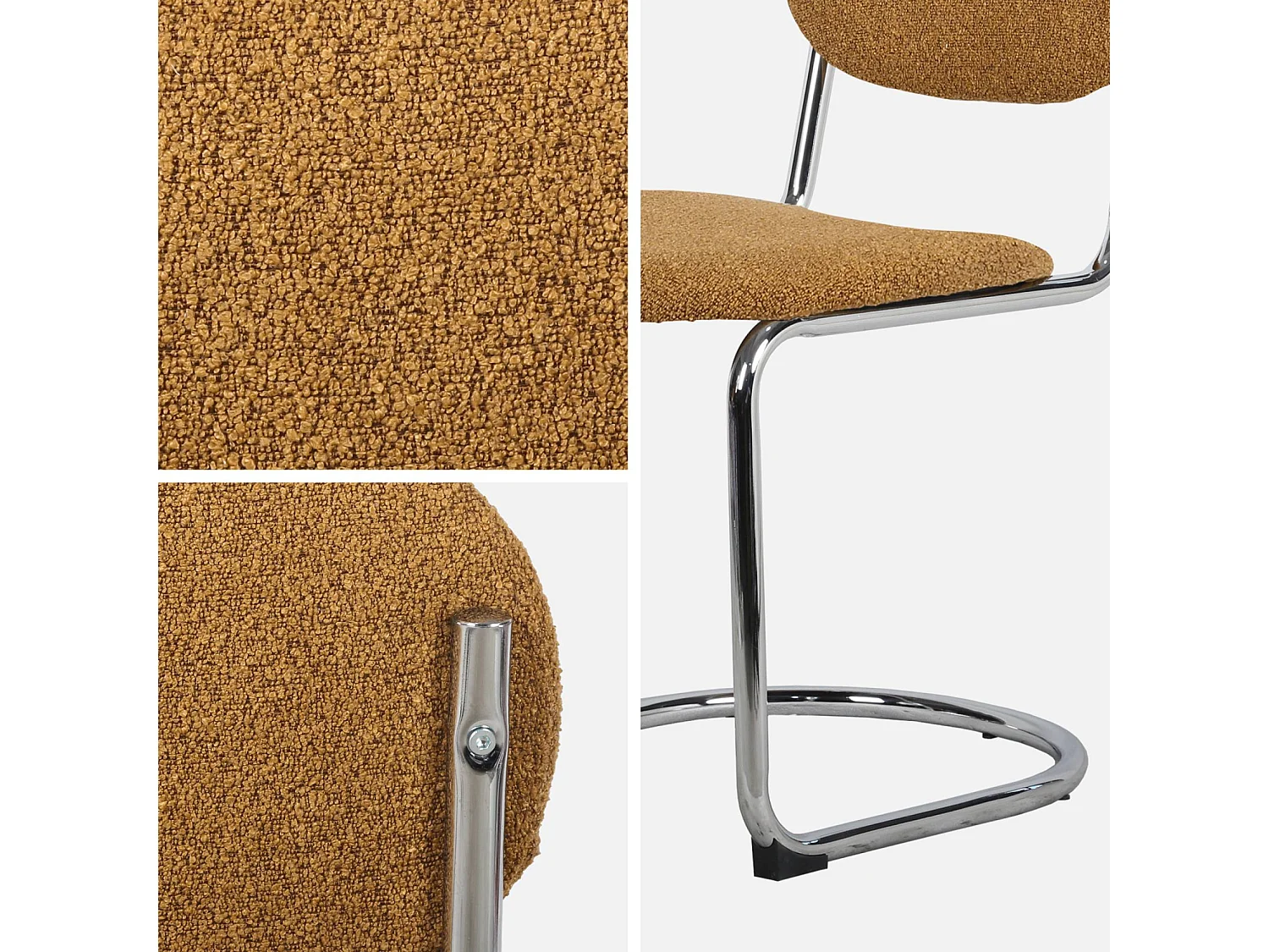 Lot de 2 chaises cantilever arrondie métal. bouclette texturée moutarde et pieds chromés - L 47 x P 54.5 x H 81cm - Maloa