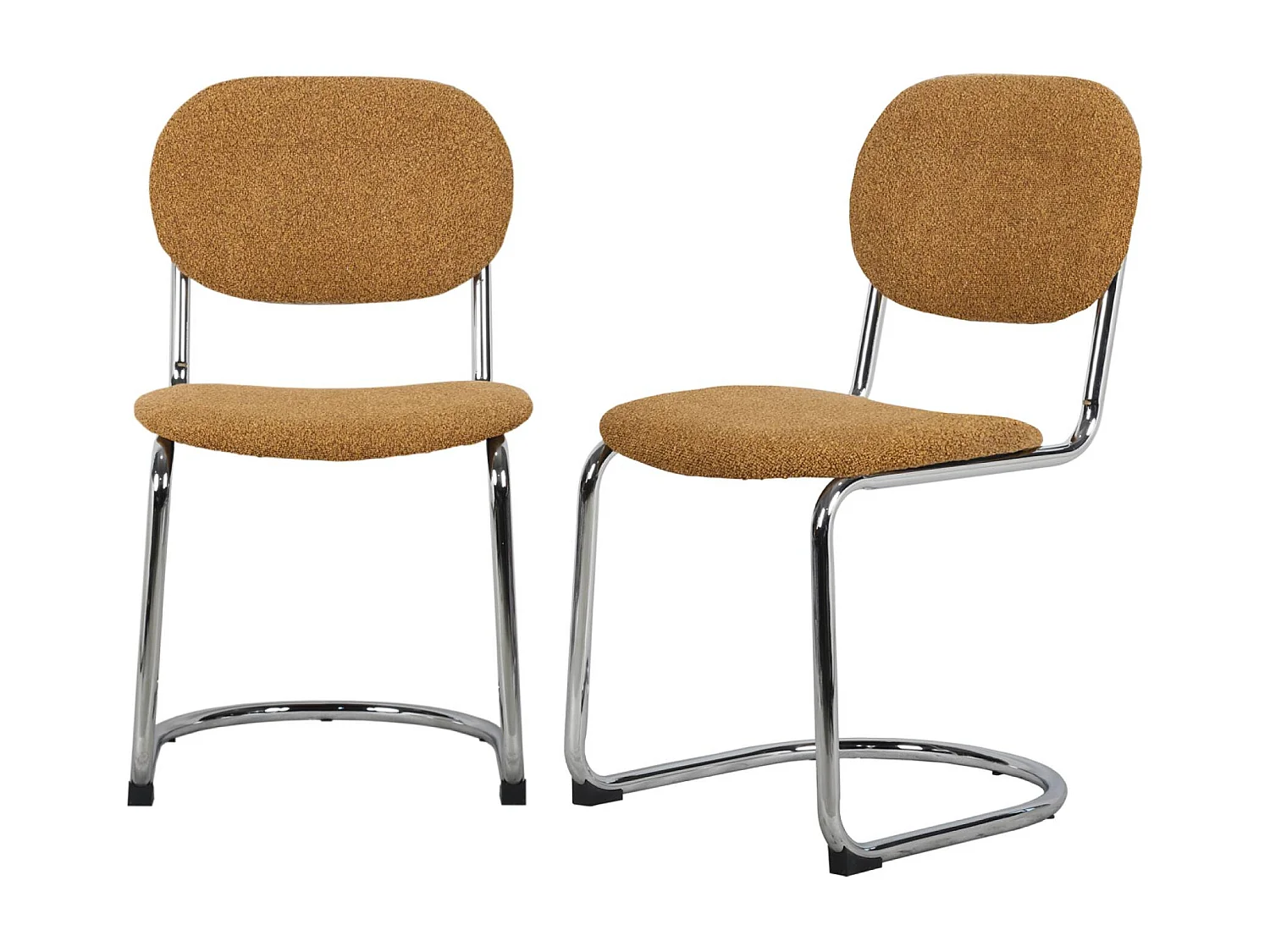 Lot de 2 chaises cantilever arrondie métal. bouclette texturée moutarde et pieds chromés - L 47 x P 54.5 x H 81cm - Maloa