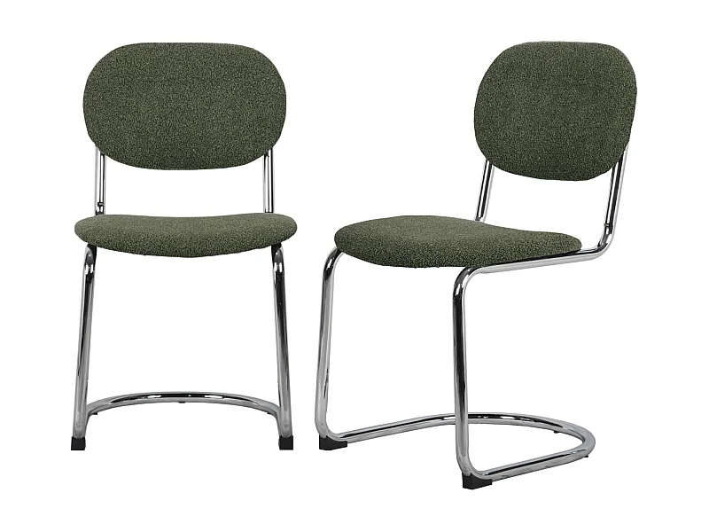 Lot de 2 chaises cantilever arrondie métal. bouclette texturée kaki et pieds chromés - L 47 x P 54.5 x H 81cm - Maloa