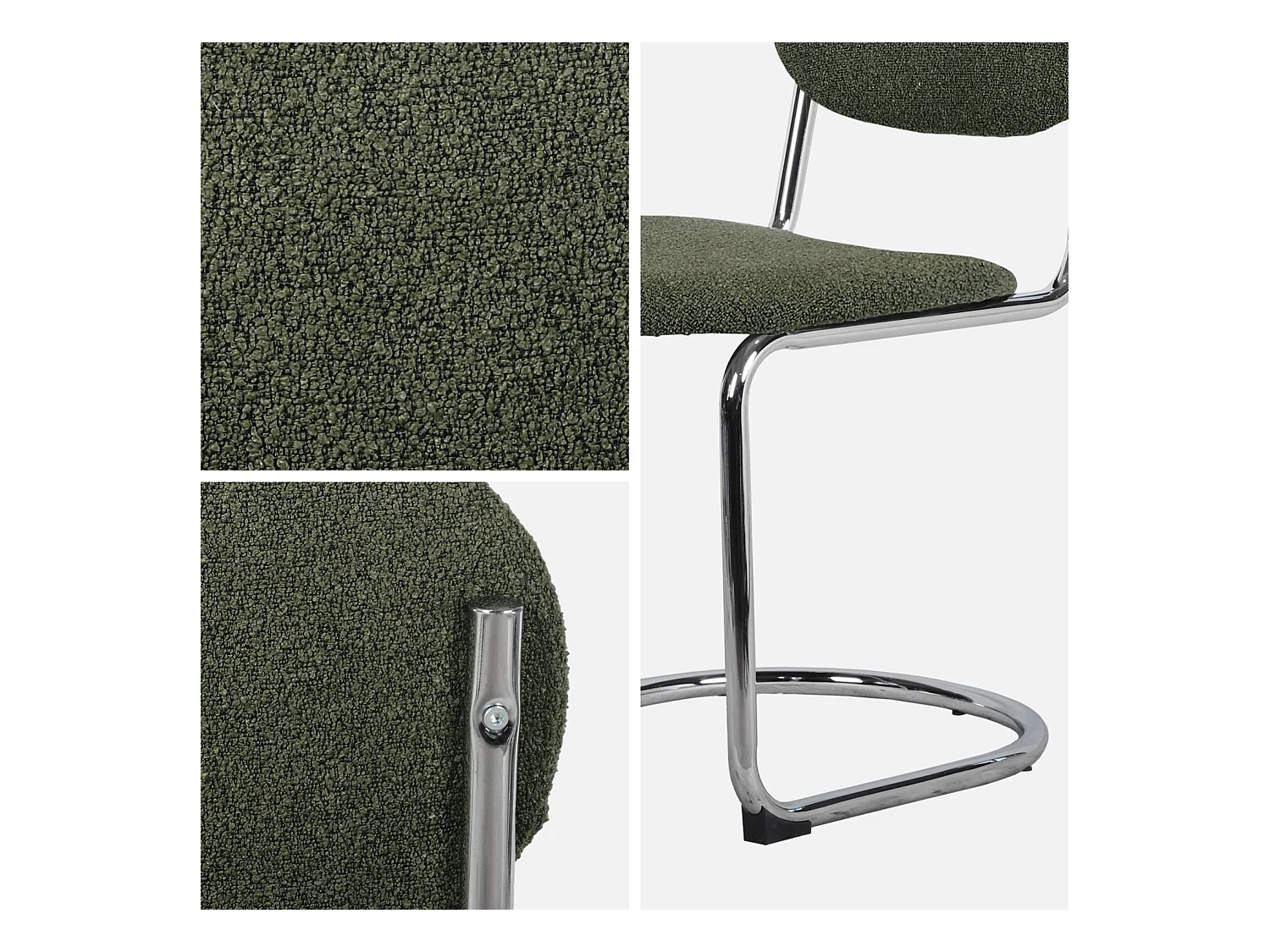 Lot de 2 chaises cantilever arrondie métal. bouclette texturée kaki et pieds chromés - L 47 x P 54.5 x H 81cm - Maloa