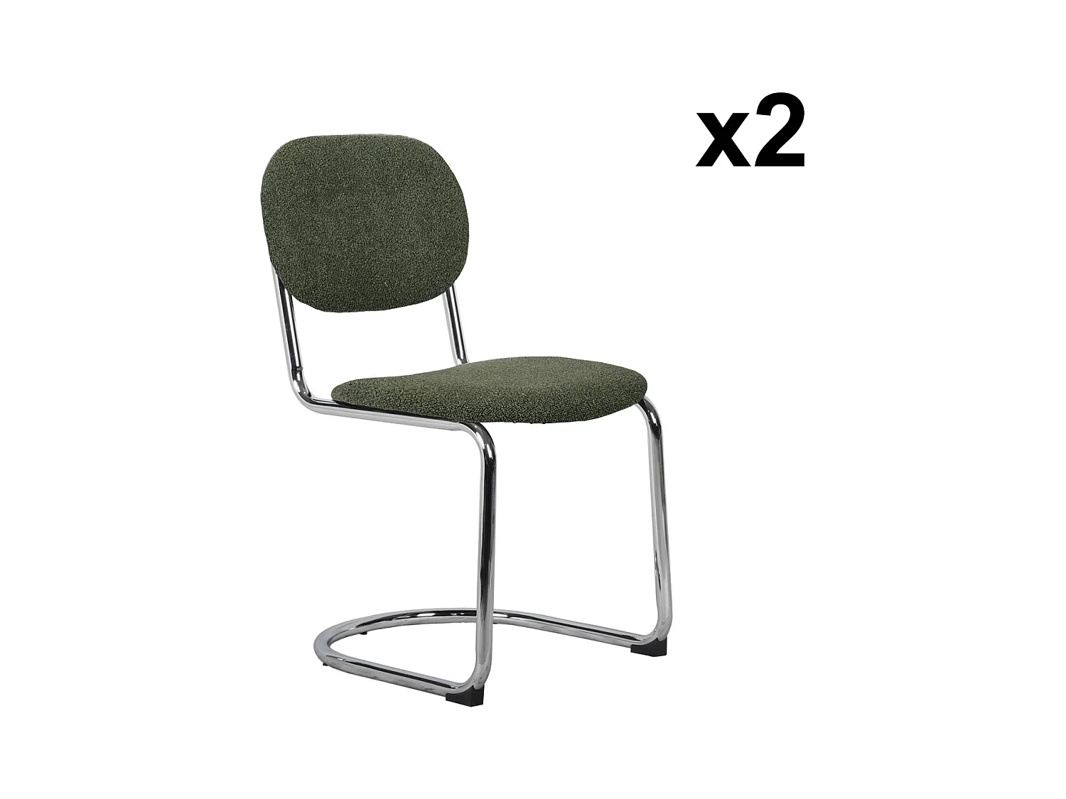 Lot de 2 chaises cantilever arrondie métal. bouclette texturée kaki et pieds chromés - L 47 x P 54.5 x H 81cm - Maloa