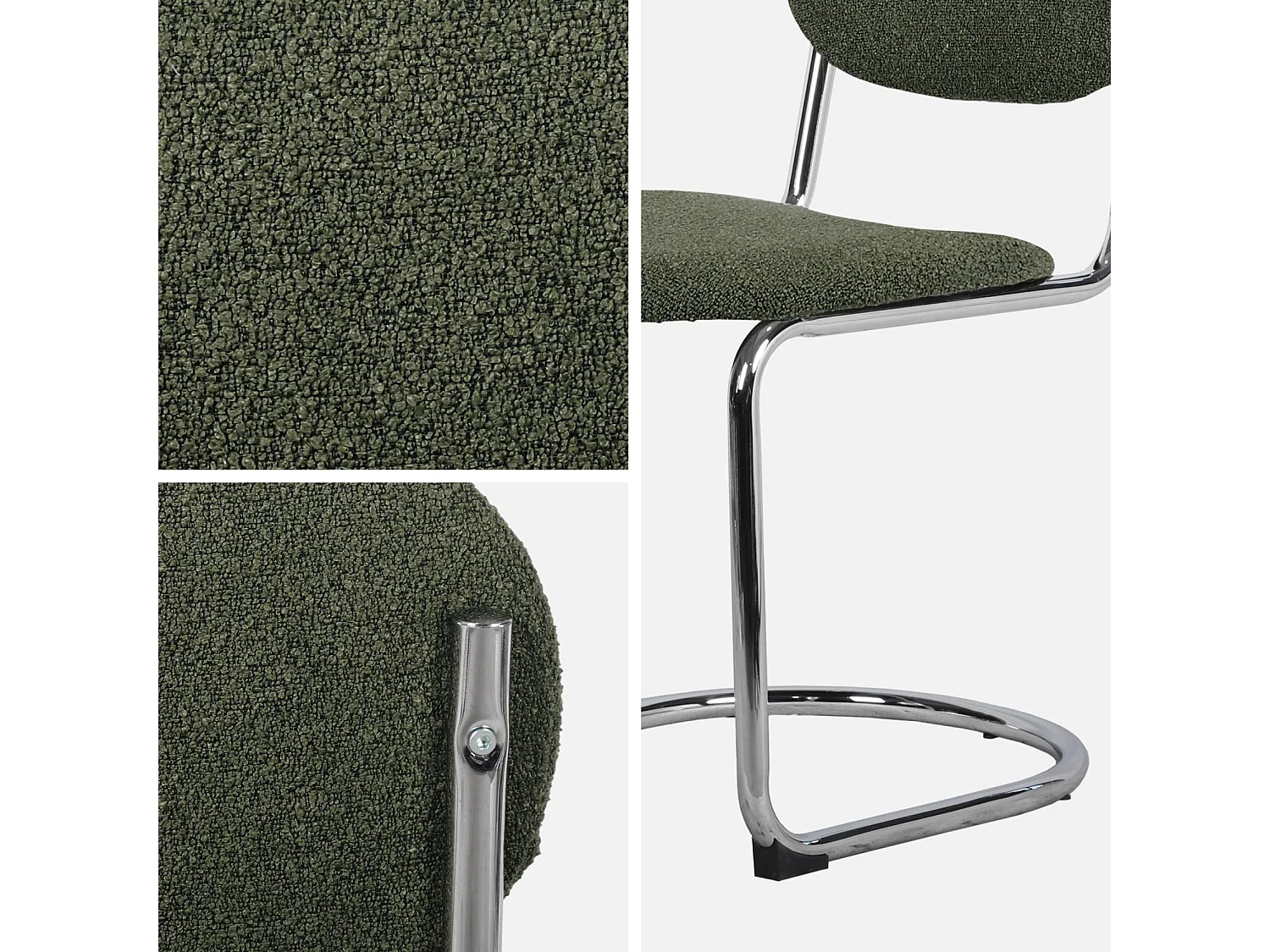 Lot de 2 chaises cantilever arrondie métal. bouclette texturée kaki et pieds chromés - L 47 x P 54.5 x H 81cm - Maloa