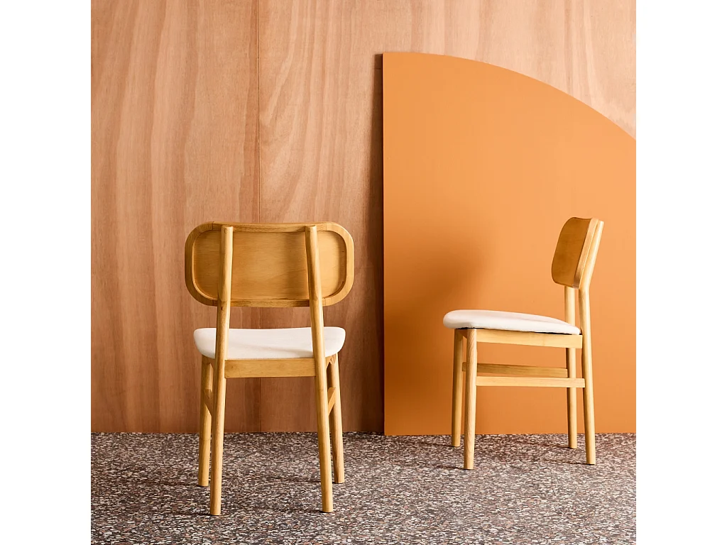 Lot de 2 chaises vintage bois d'hévéa finition brossée naturel et tissu. L 52 x P 45 x H 80cm - OLYMPIE