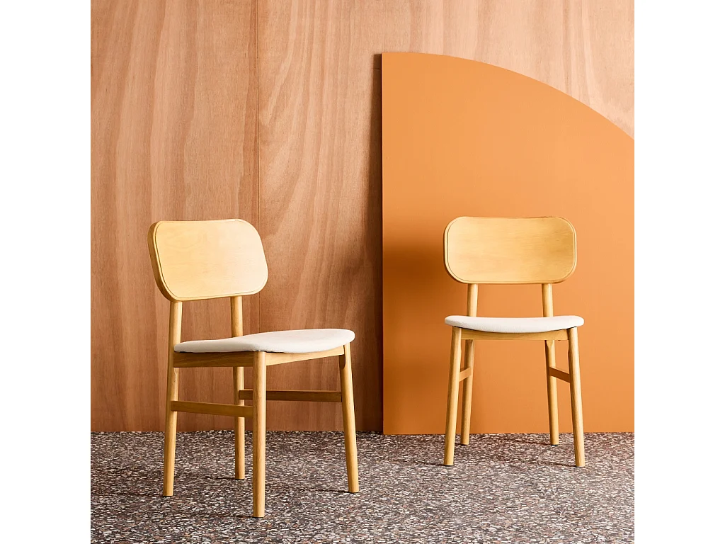 Set di 2 sedie vintage in legno di hevea e tessuto, marrone naturale