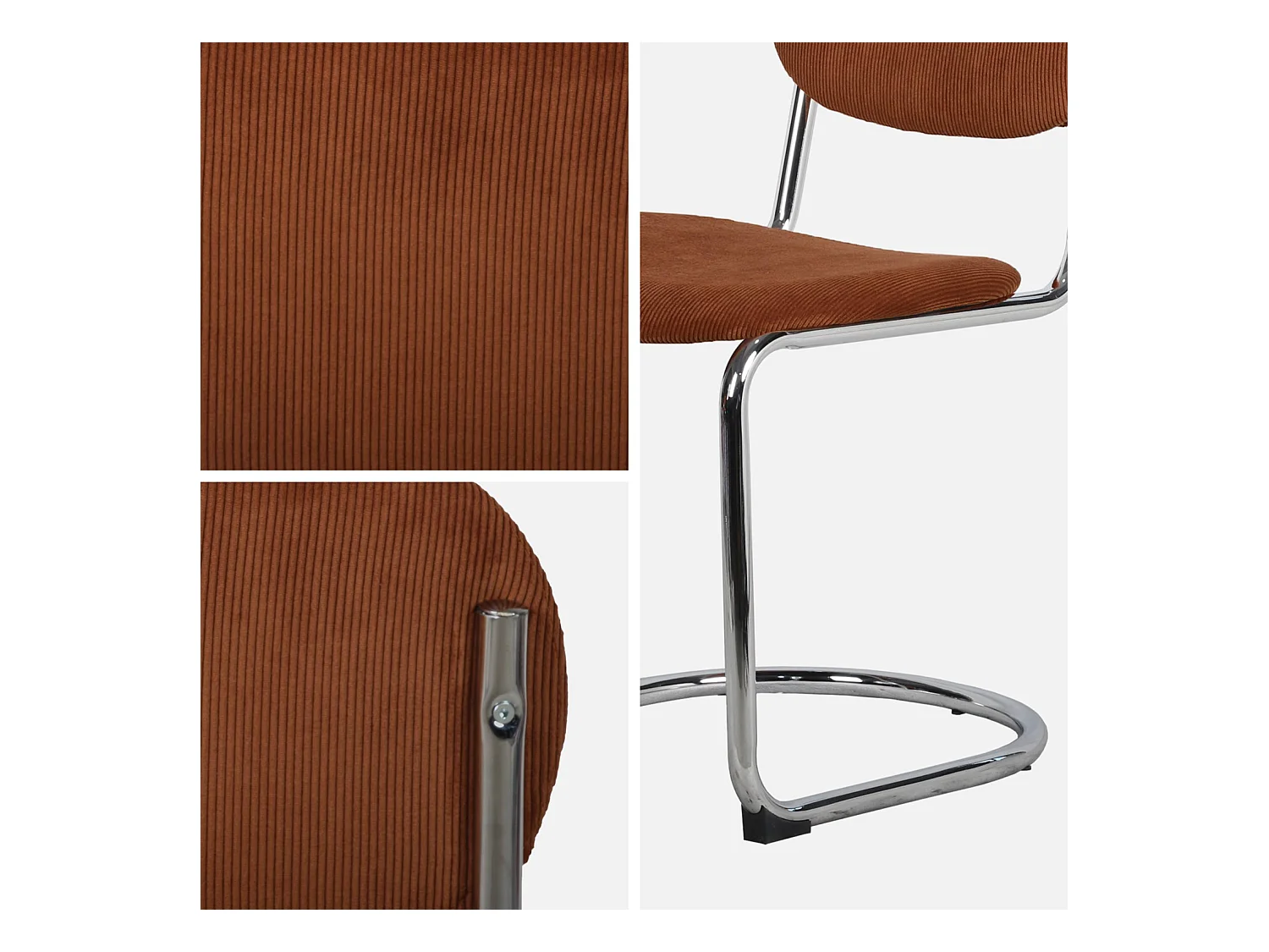 Lot de 2 chaises cantilever arrondie métal. velours côtelé camel et pieds chromés - L 47 x P 54.5 x H 81cm - Maloa