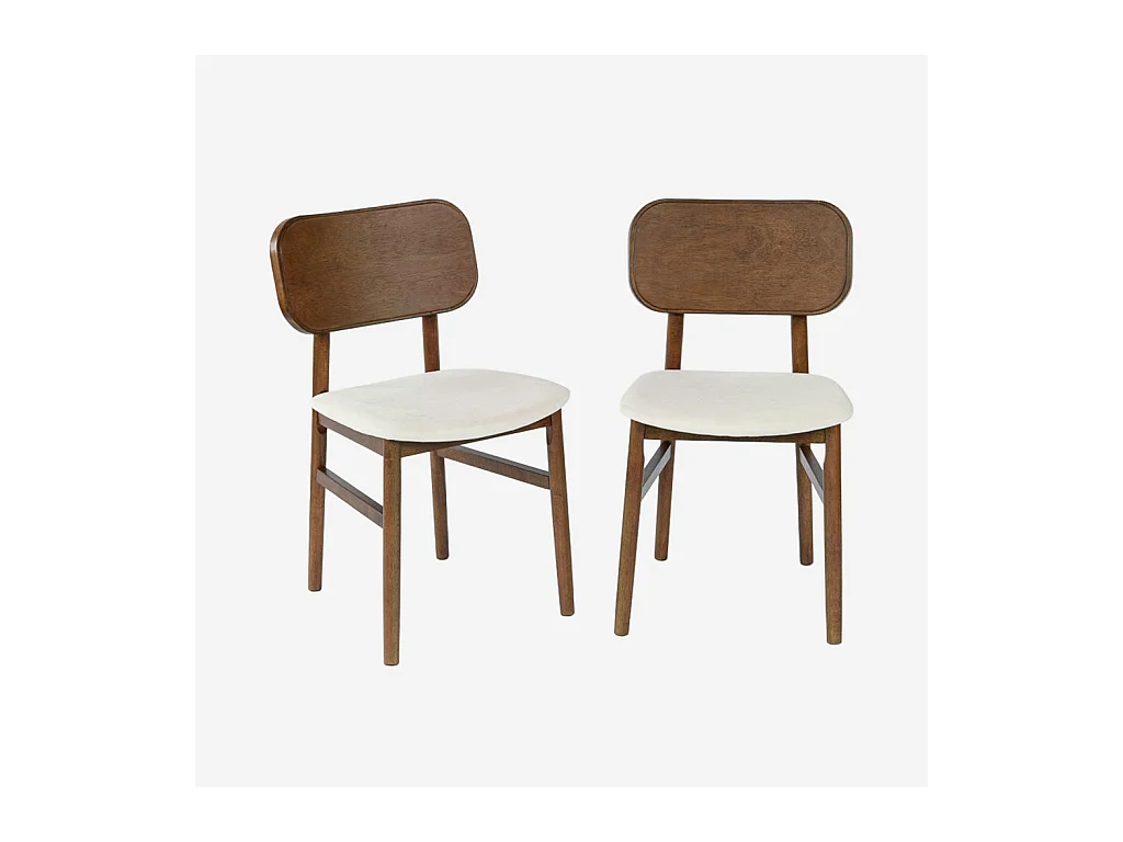 Lot de 2 chaises vintage bois d'hévéa finition brossée noyer et tissu. L 52 x P 45 x H 80cm - OLYMPIE