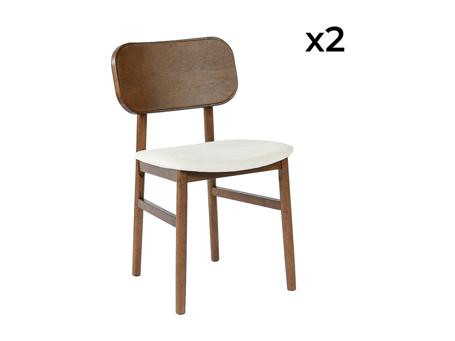 Lot de 2 chaises vintage bois d'hévéa finition brossée noyer et tissu. L 52 x P 45 x H 80cm - OLYMPIE