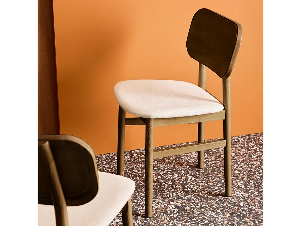 Lot de 2 chaises vintage bois d'hévéa finition brossée noyer et tissu. L 52 x P 45 x H 80cm - OLYMPIE