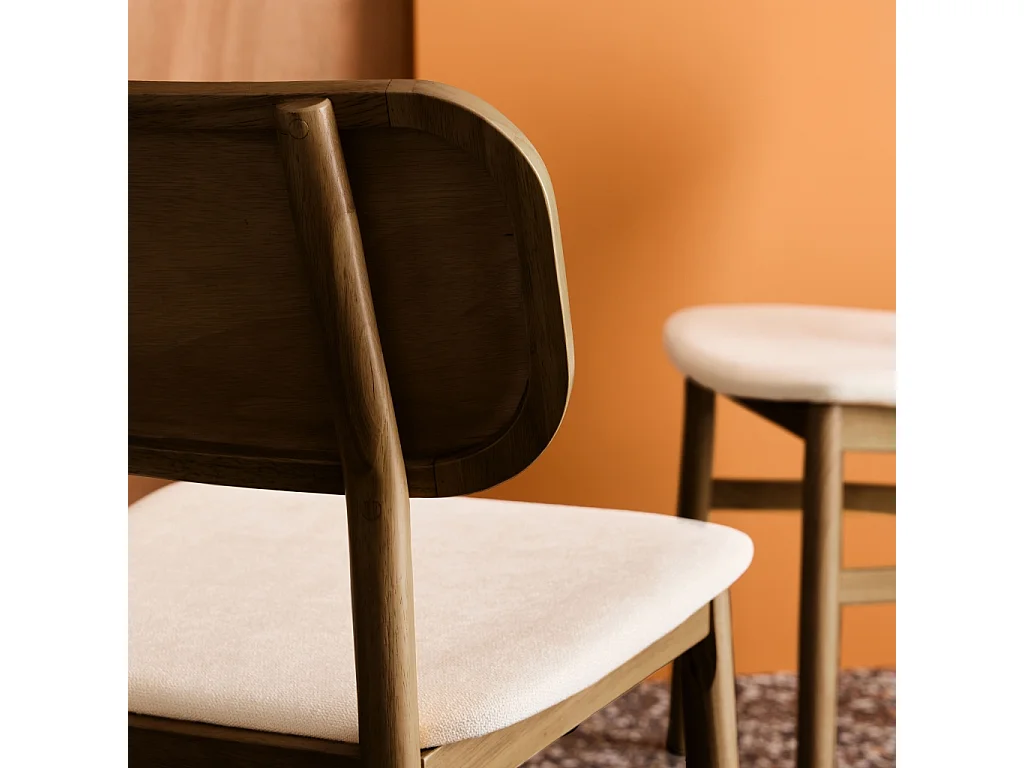 Lot de 2 chaises vintage bois d'hévéa finition brossée noyer et tissu. L 52 x P 45 x H 80cm - OLYMPIE