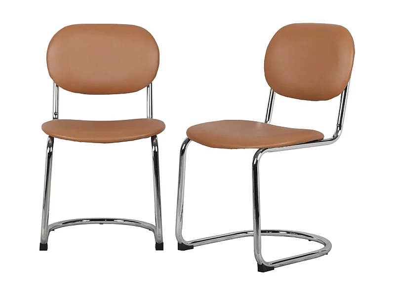 Lot de 2 chaises cantilever arrondie métal. similicuir marron et pieds chromés - L 47 x P 54.5 x H 81cm - Maloa
