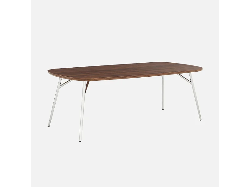 Mesa de centro rectangular con patas cromadas y decoración de madera