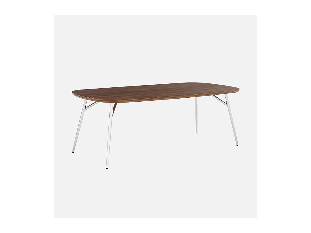 Mesa de centro rectangular con patas cromadas y decoración de madera