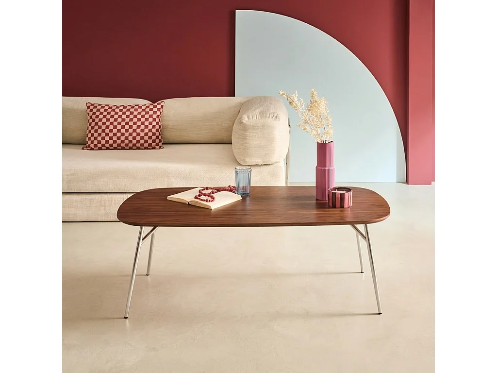 Table basse rectangulaire pieds chromés et décor bois noyer 120cm