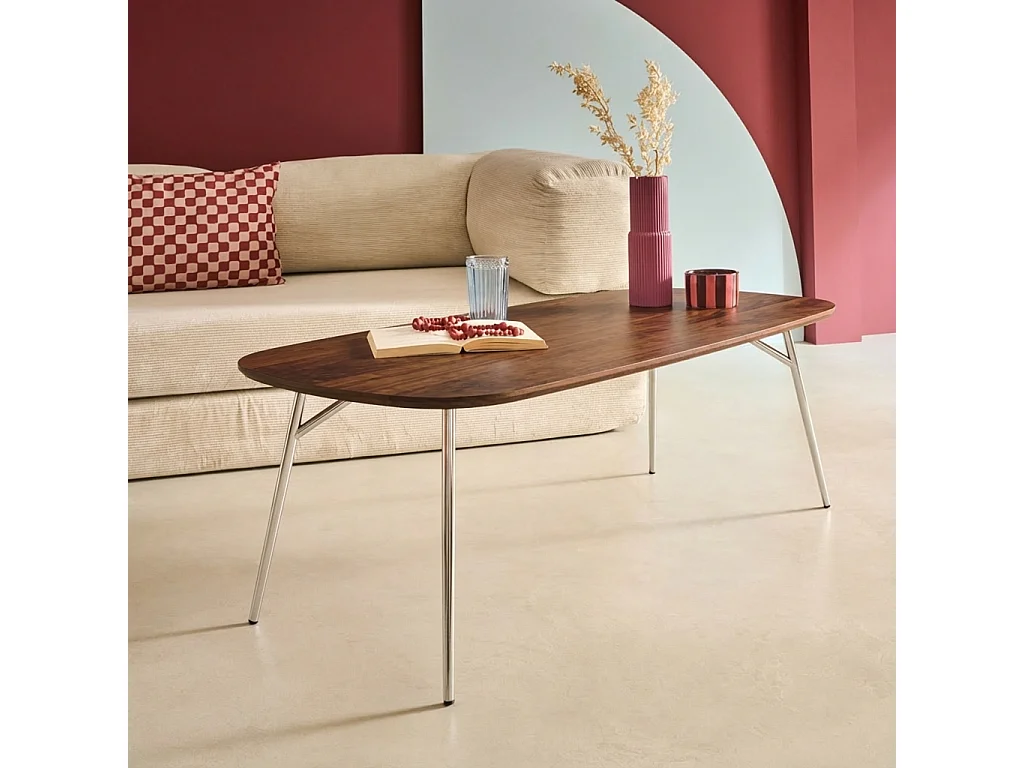 Table basse rectangulaire pieds chromés et décor bois noyer 120cm