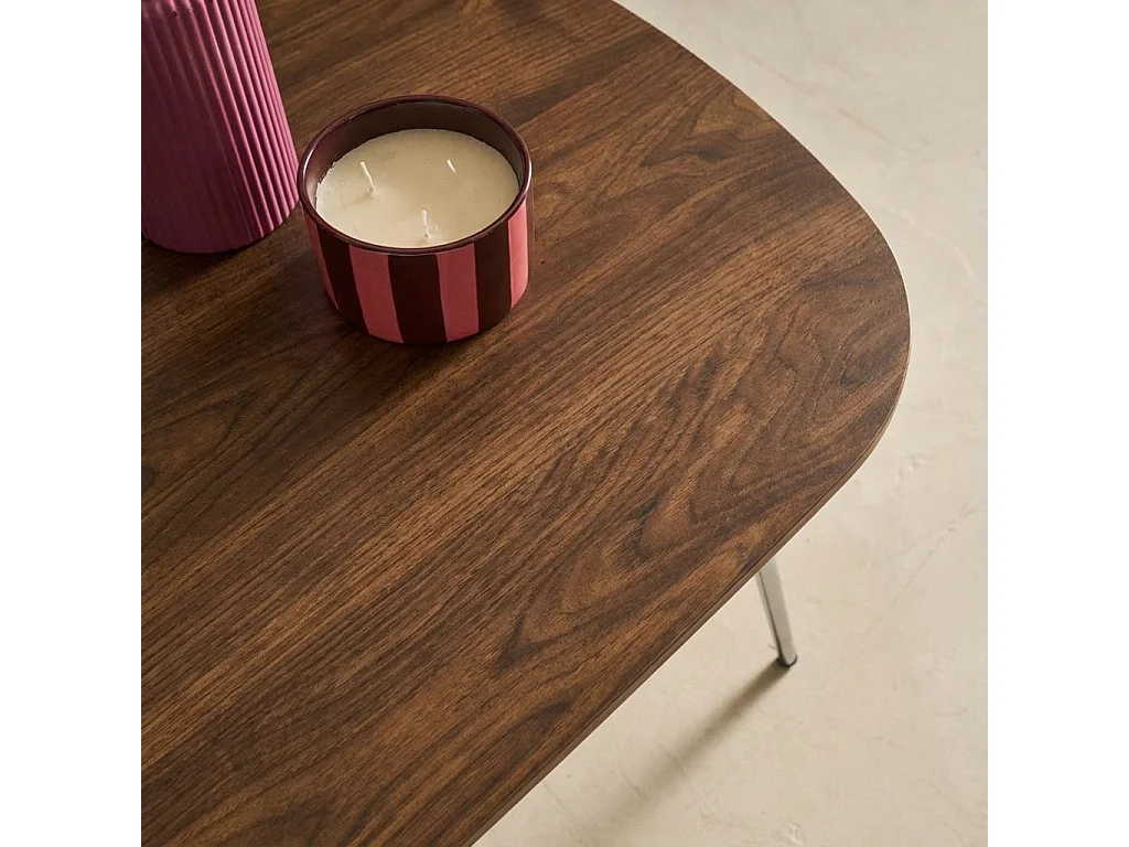 Table basse rectangulaire pieds chromés et décor bois noyer 120cm