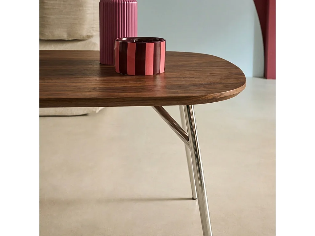 Table basse rectangulaire pieds chromés et décor bois noyer 120cm