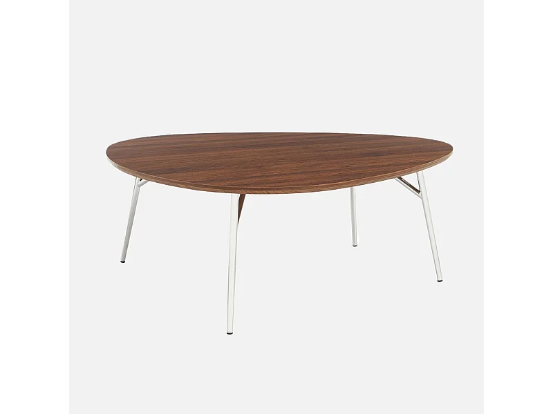 Table basse ovale pieds chromé et effet bois de noyer