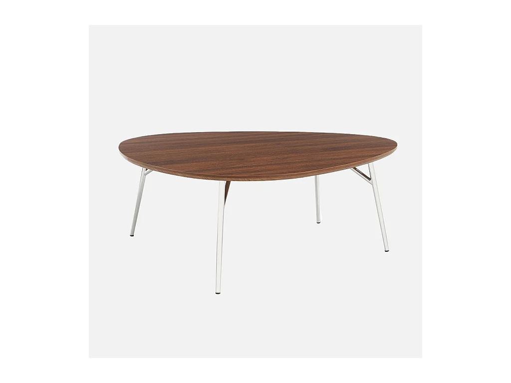 Table basse ovale pieds chromé et effet bois de noyer