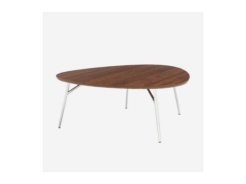 Table basse ovale pieds chromé et effet bois de noyer