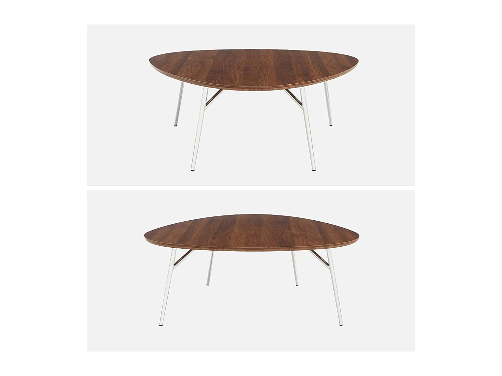 Table basse ovale pieds chromé et effet bois de noyer