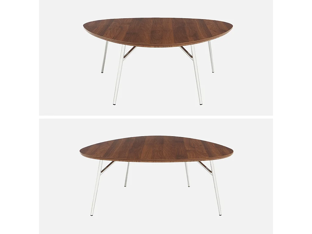 Table basse ovale pieds chromé et effet bois de noyer