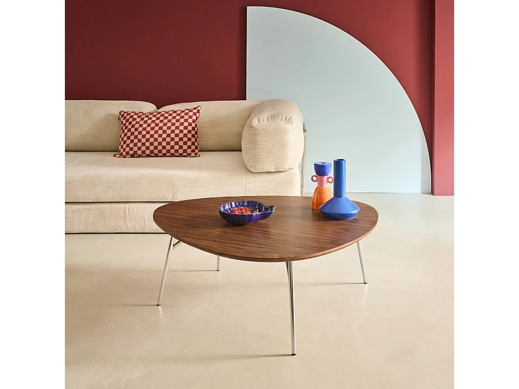 Table basse ovale pieds chromé et effet bois de noyer