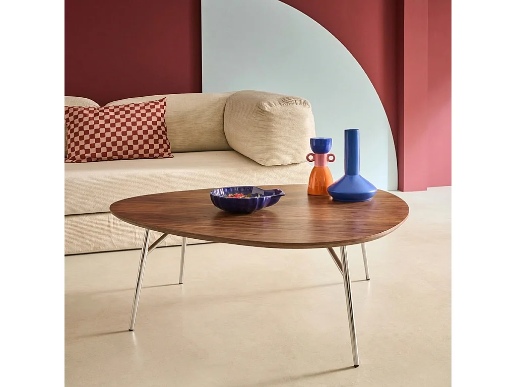 Table basse ovale pieds chromé et effet bois de noyer