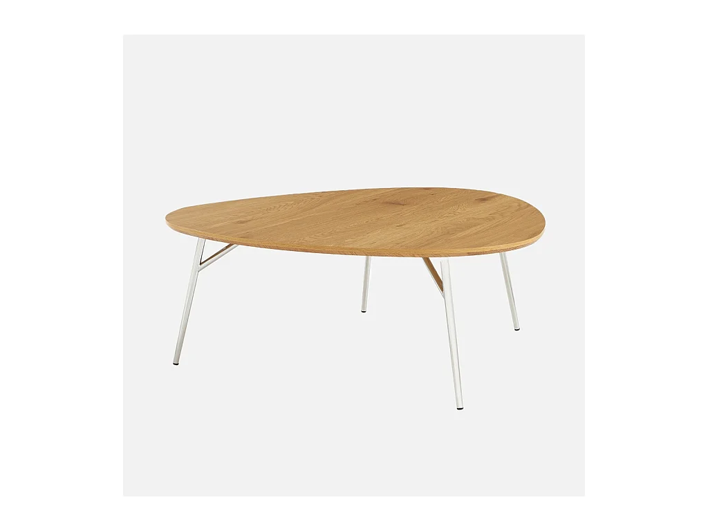 Table basse ovale pieds chromé et effet bois de chêne