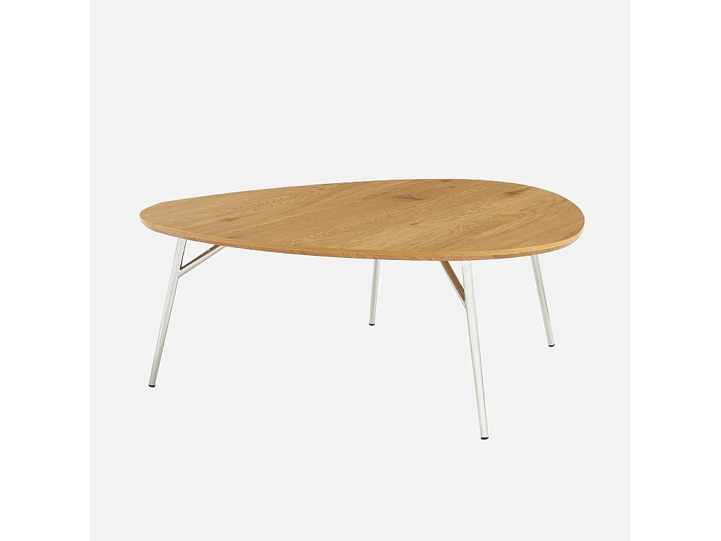 Table basse ovale pieds chromé et effet bois de chêne