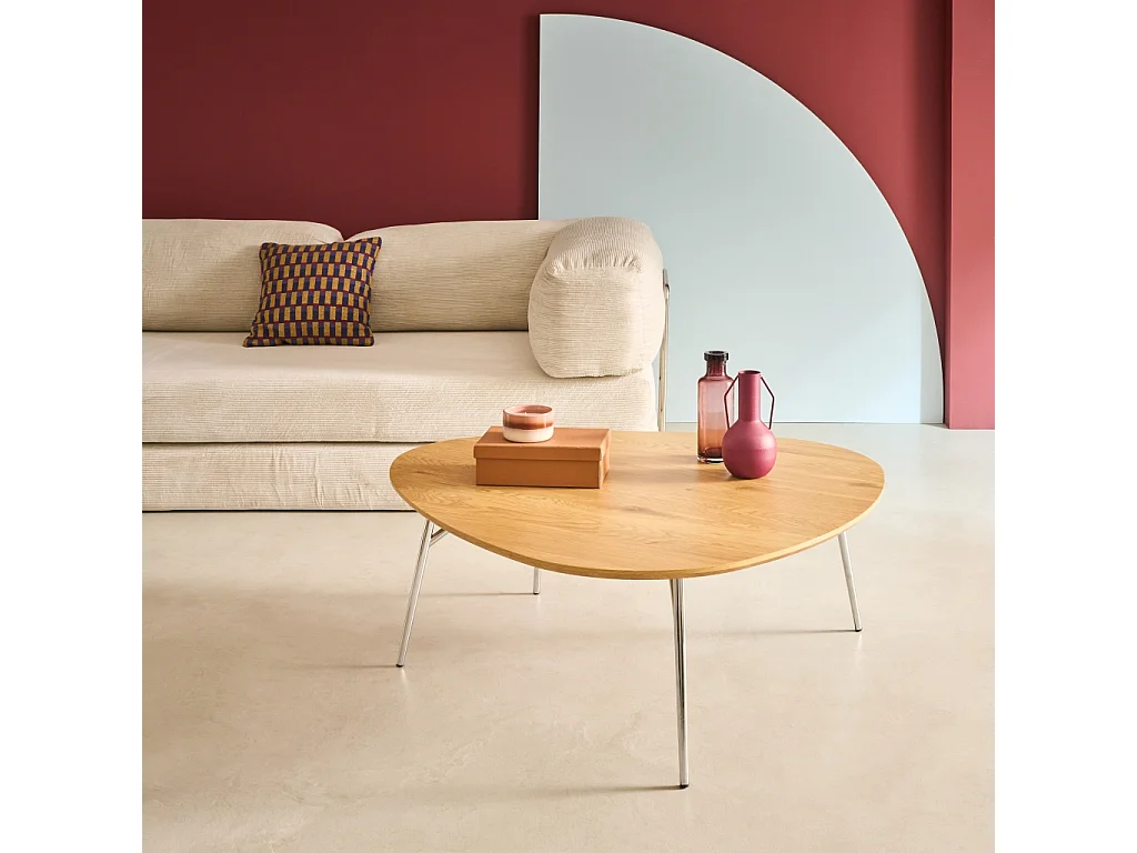 Table basse ovale pieds chromé et effet bois de chêne