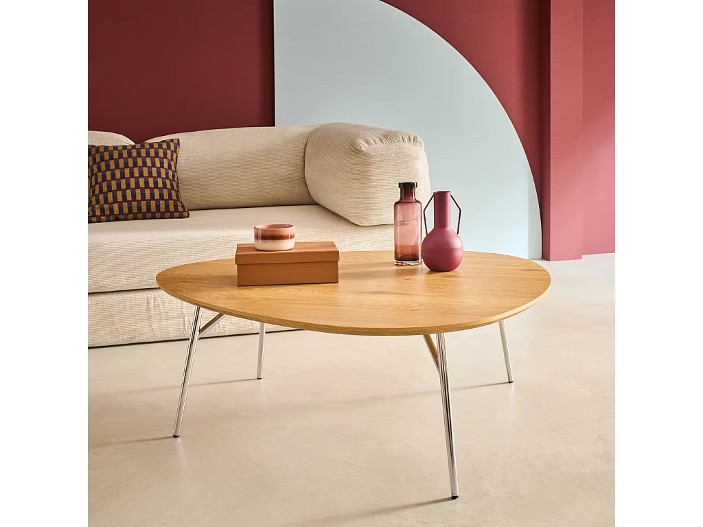 Table basse ovale pieds chromé et effet bois de chêne