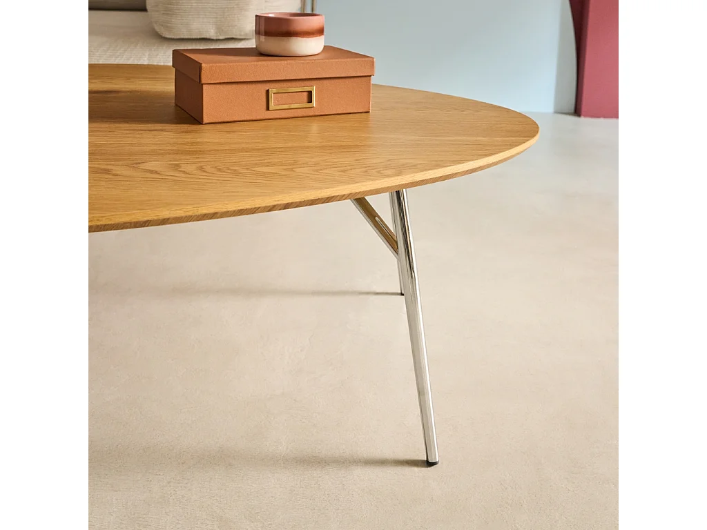 Table basse ovale pieds chromé et effet bois de chêne