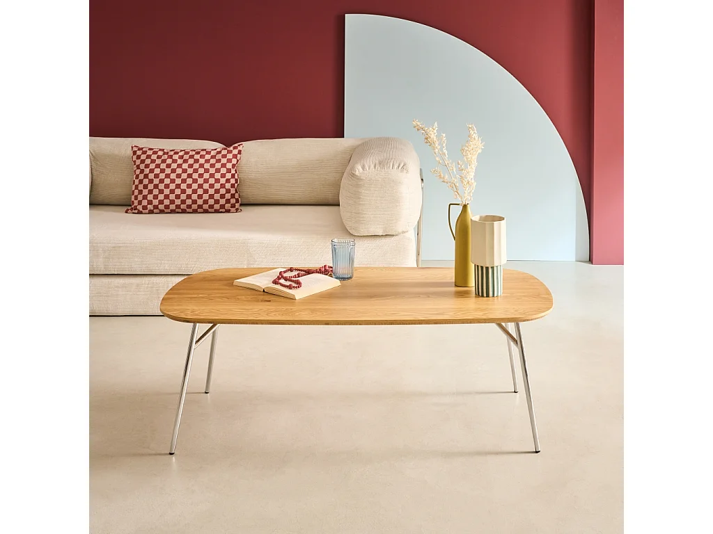 Table basse rectangulaire pieds chromés et décor bois chêne 120cm