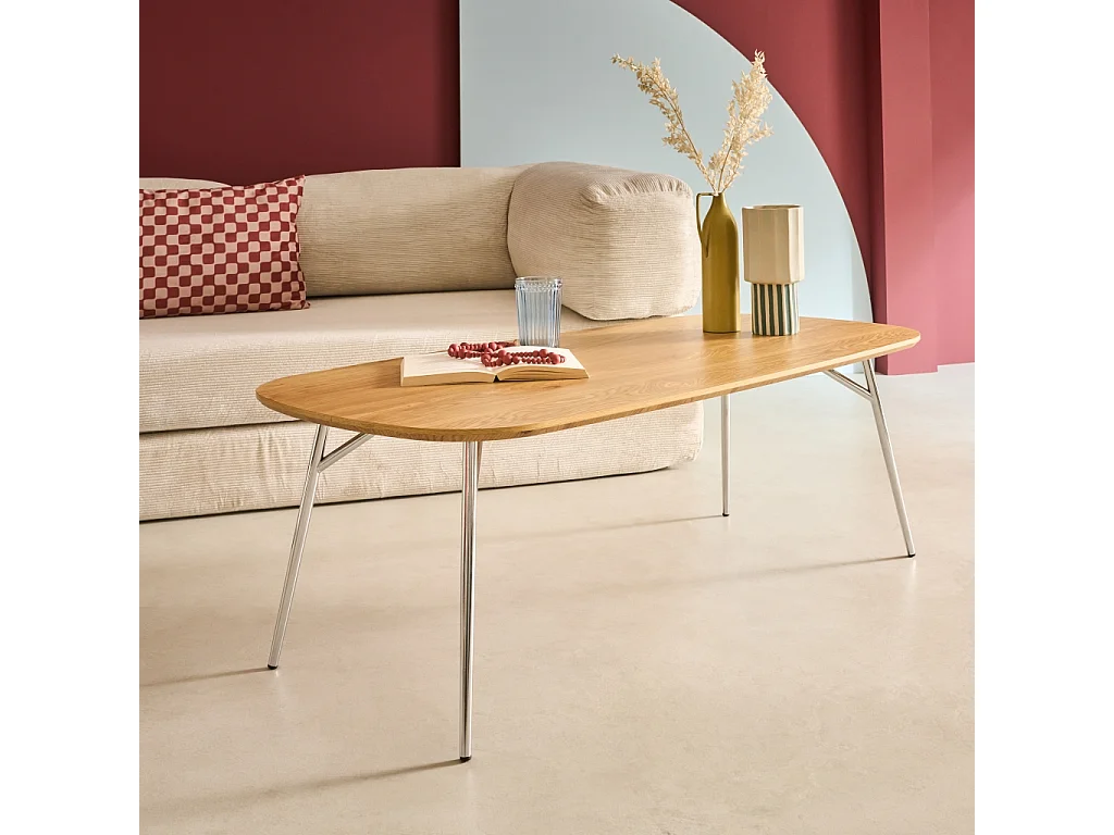 Table basse rectangulaire pieds chromés et décor bois chêne 120cm