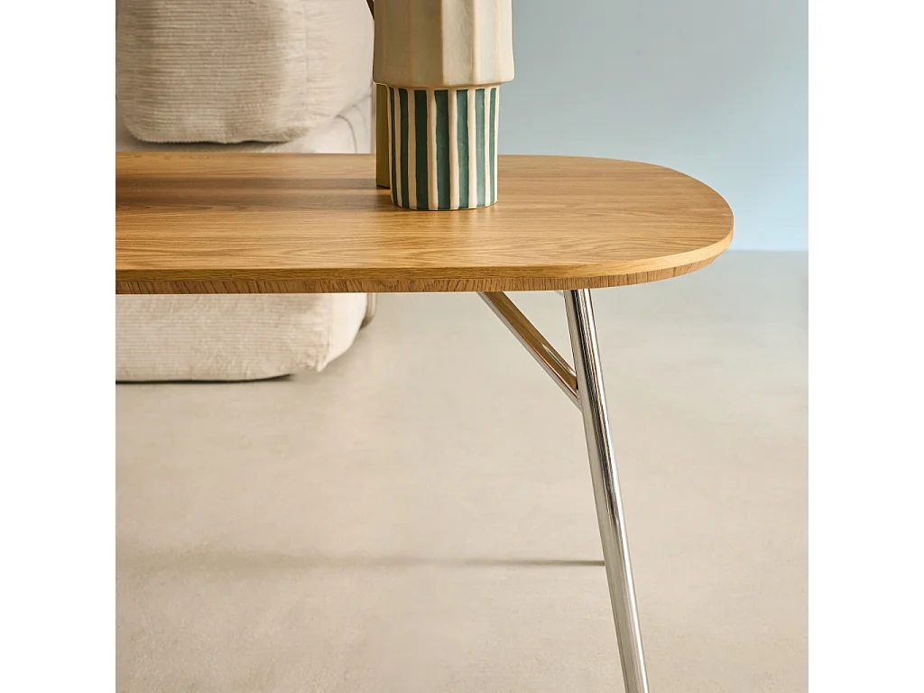 Table basse rectangulaire pieds chromés et décor bois chêne 120cm