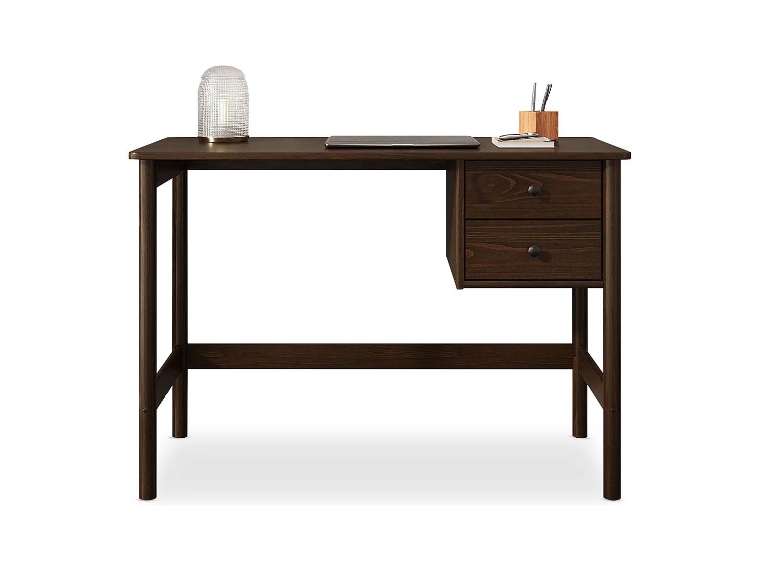Bureau MARLO H 76 cm avec 2 Tiroirs en Bois Massif Coloris Noyer, Bureau Droit avec Rangement Intégré
