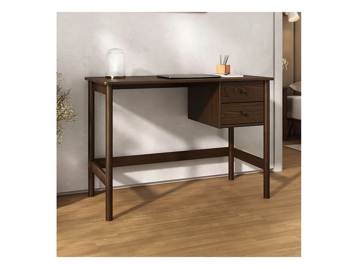 Bureau MARLO H 76 cm avec 2 Tiroirs en Bois Massif Coloris Noyer, Bureau Droit avec Rangement Intégré