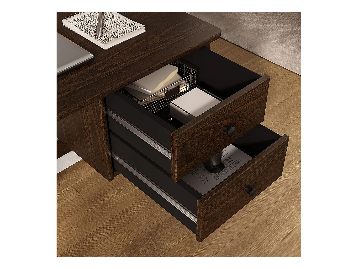 Bureau MARLO H 76 cm avec 2 Tiroirs en Bois Massif Coloris Noyer, Bureau Droit avec Rangement Intégré