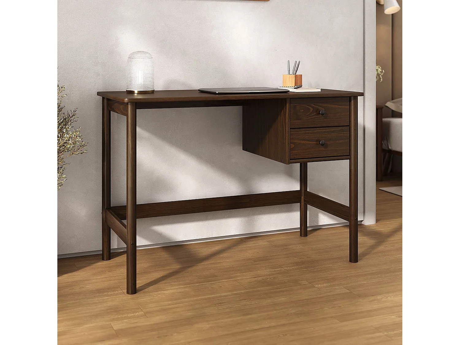 Bureau MARLO H 76 cm avec 2 Tiroirs en Bois Massif Coloris Noyer, Bureau Droit avec Rangement Intégré