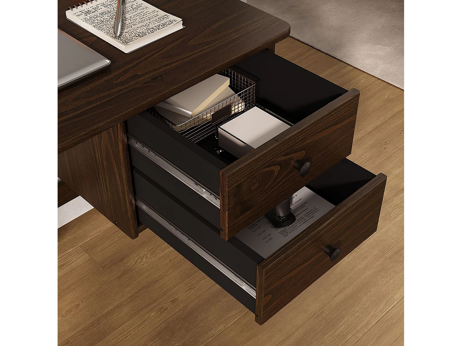 Bureau MARLO H 76 cm avec 2 Tiroirs en Bois Massif Coloris Noyer, Bureau Droit avec Rangement Intégré