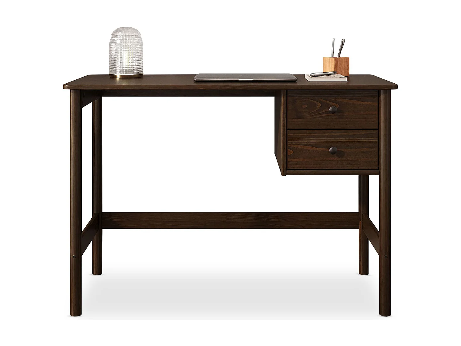 Bureau MARLO H 76 cm avec 2 Tiroirs en Bois Massif Coloris Noyer, Bureau Droit avec Rangement Intégré