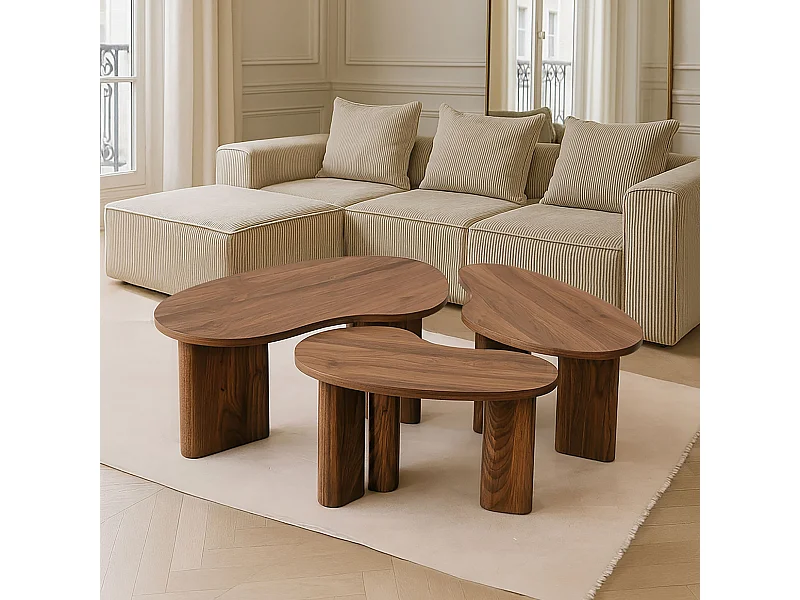 Now's Home - Lot De 3 Tables Basses Organiques Effet Noyer 69.5/50/87 Ht40 Charlie