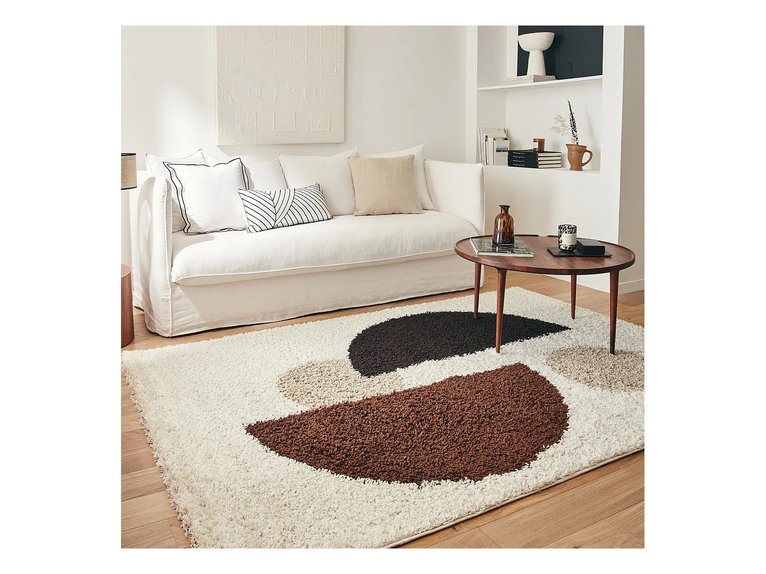 Tapis intérieur shaggy motifs géométriques circulaires beige. marron. noir 120 x 160 cm - Pitt