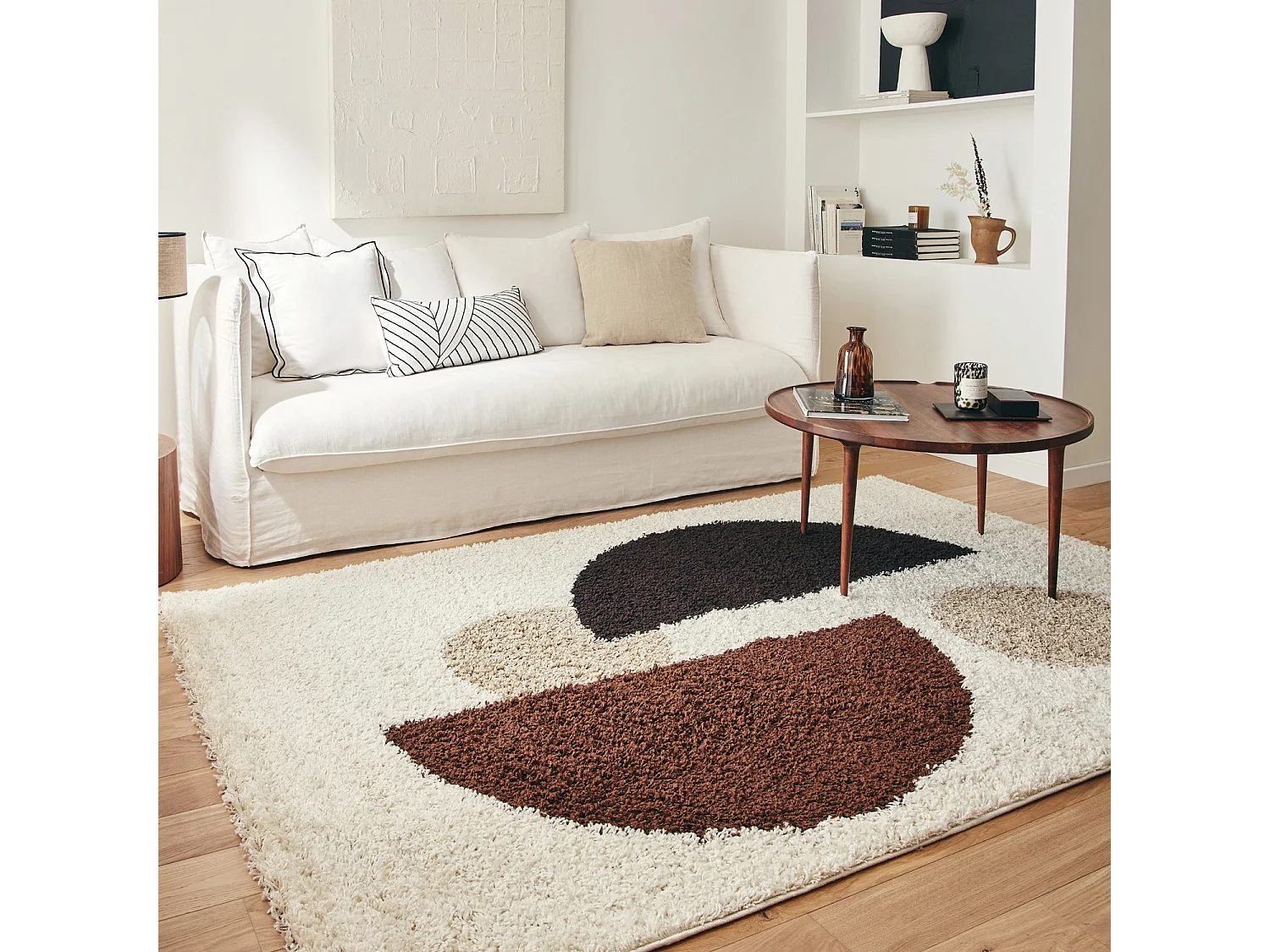 Tappeto interno shaggy motivi circolari beige, marrone, nero